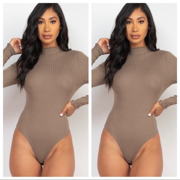 WOMEN’S TAUPE LONG SLEEVE RIBBED MOCK NECK THONG BODYSUIT - Picture 1 of 4